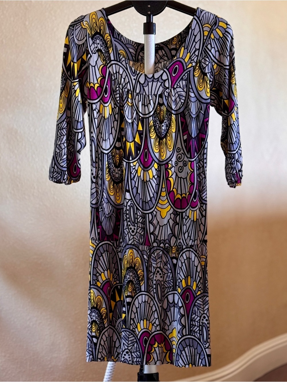 Retro Mod Convertible Stretch Tunic Dress Geometric Print 3/4 Sleeve